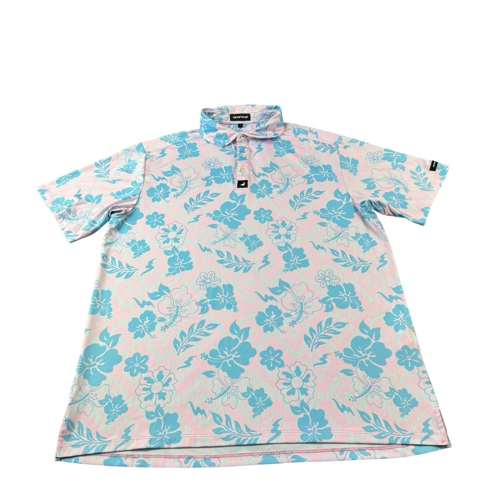 SURFCUZ Pink Blue Floral Men's S/S Performance Polo Shirt Size Large